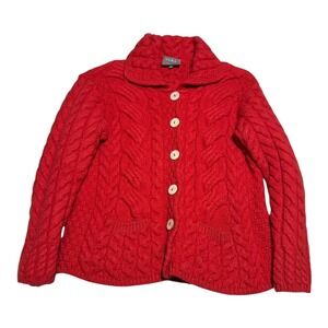 Aran Woollen Mills Salomon Red Cardigan Merino Wool Button Sweater Womens M Flaw
